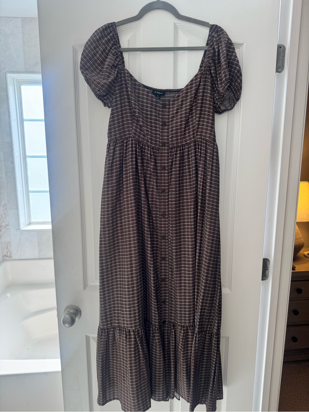 NWOT Blu Pepper Brown Plaid Puff-Sleeve Maxi Dress
